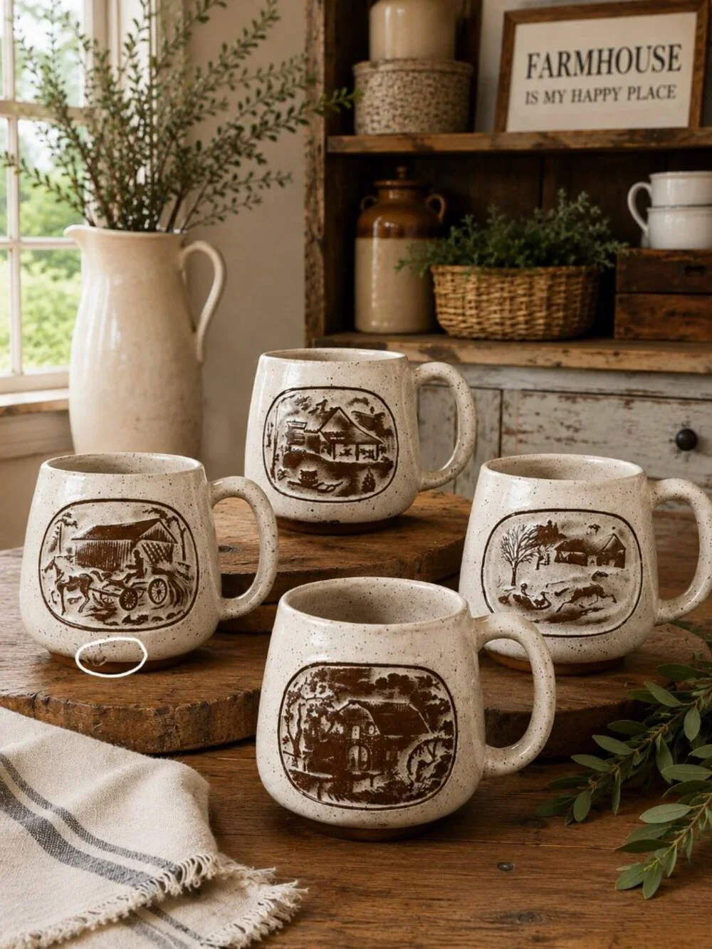 Vintage 1970s Goss Vermont Pottery Speckled Farmhouse Mug Set of 4